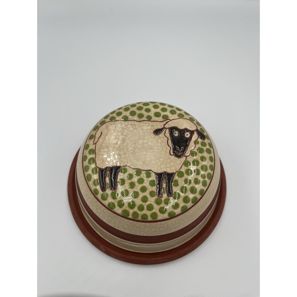 Diana Muir Folk Art Studio Pottery Sheep Covered Butter Cheese Dish Redware Lamb